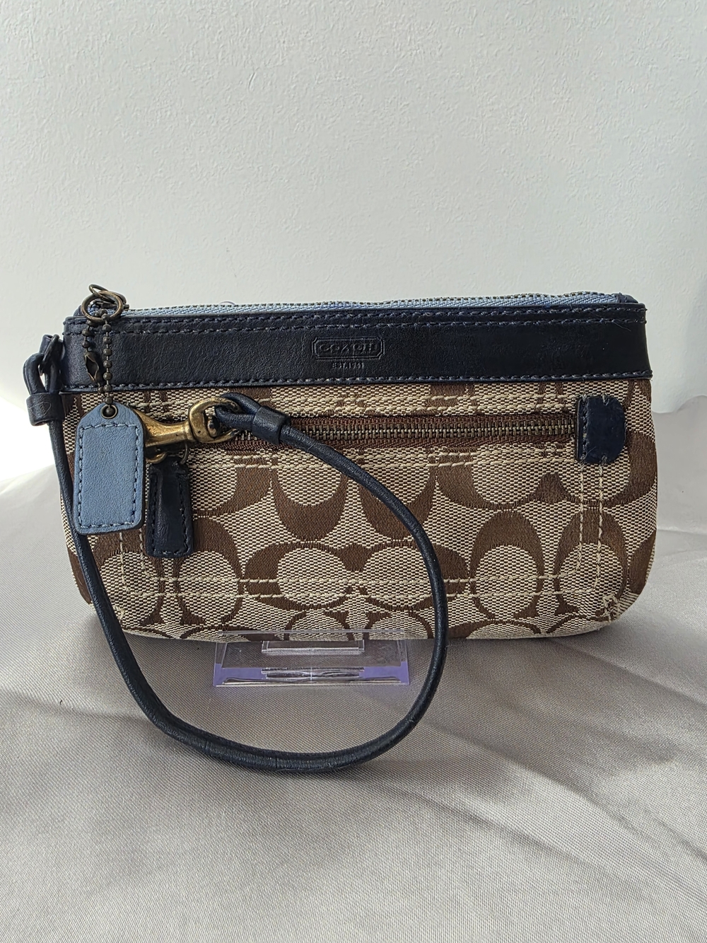 Coach Signature Jacquard Canvas Wristlet in Brown with Navy Trim